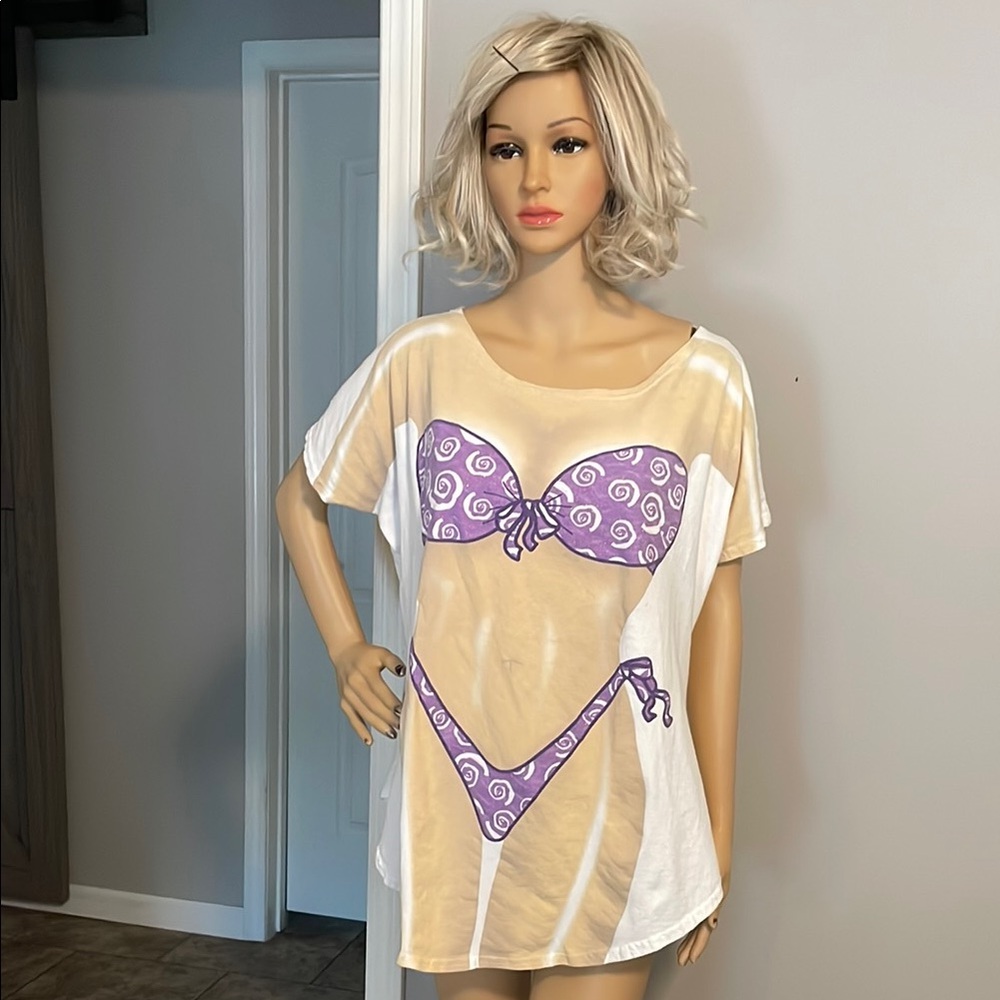 My Bikini White  and Purple Graphic T-Shirt/ Cover up Vintage